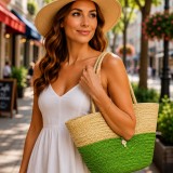 Straw Tote: Woven Wheat Straw Tote - 2 Tones - Lime - BG-R11053LM